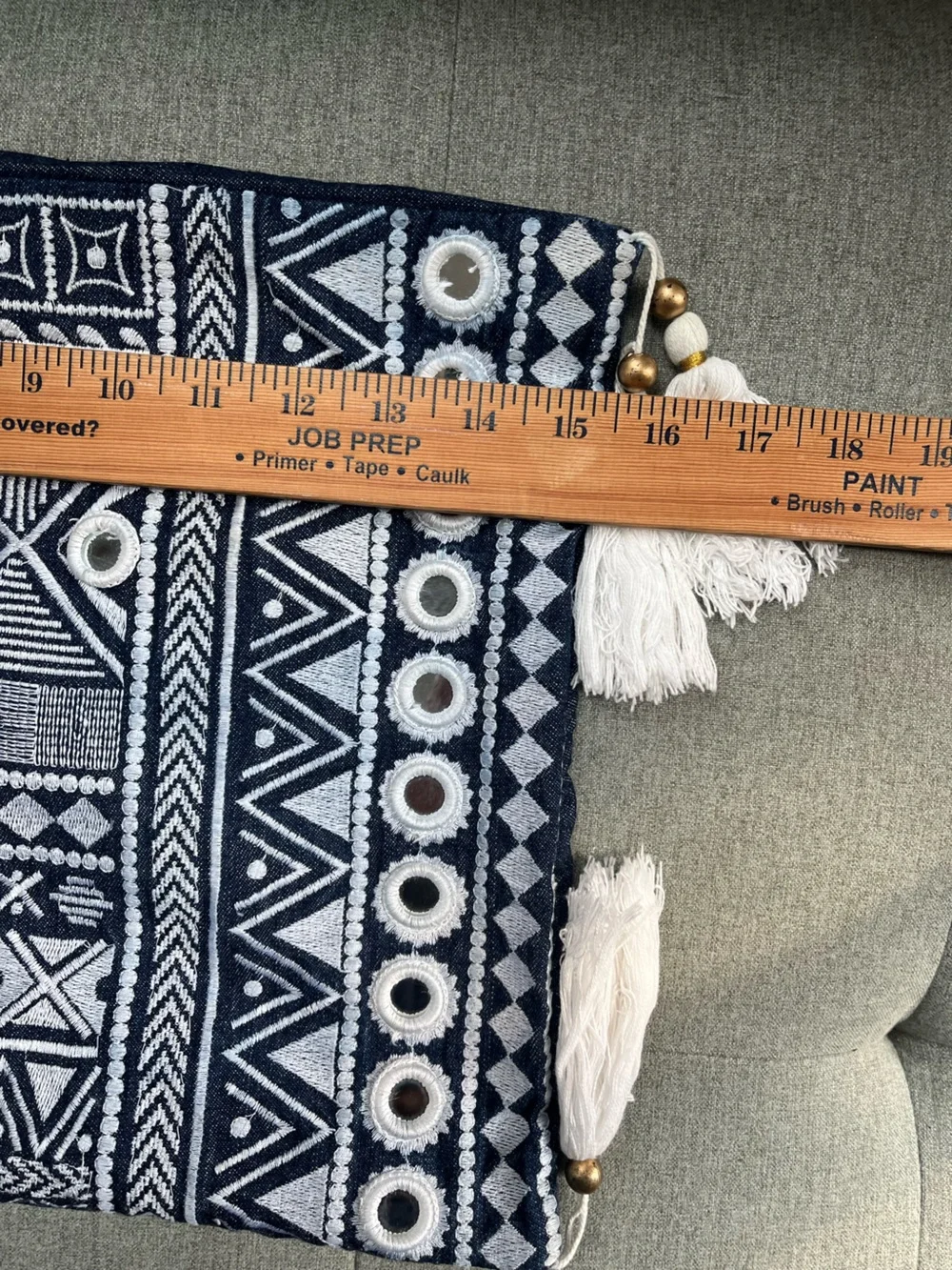 Kim Seybert Navy & White Embroidered and Mirrors Tassel Pillow Cover 100% Cotton